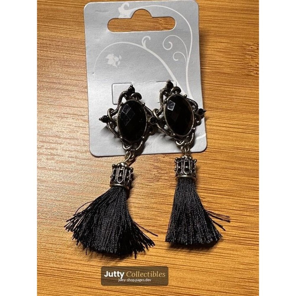 black tassel drop earrings oval gem top statement nwt